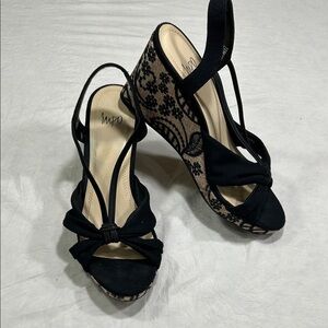 Impo Black and Beige Lace-Pattern Wedge Sandals